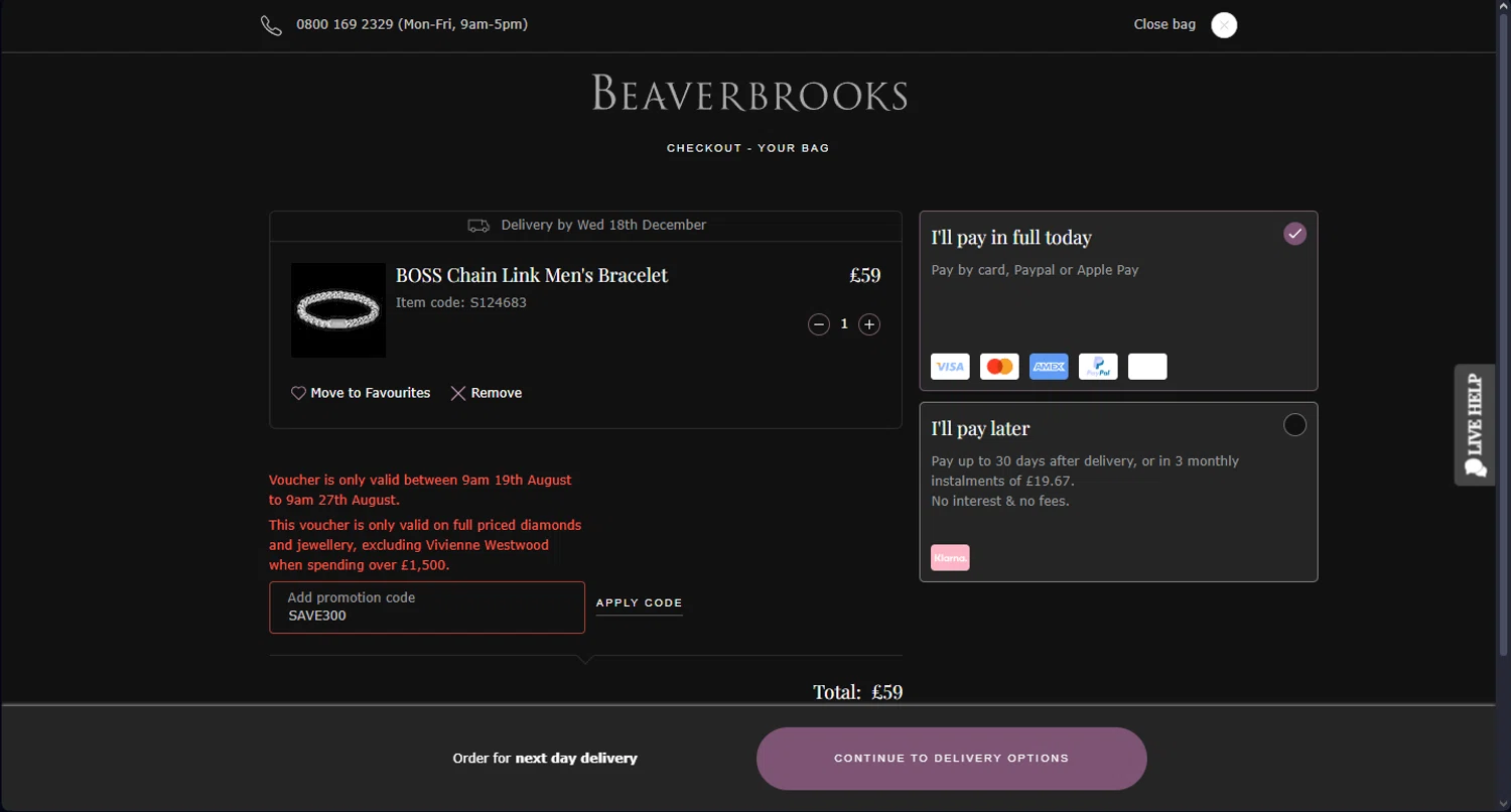 Beaverbrooks checkout page showing Beaverbrooks promo code box | Screenshot taken by SimplyCodes community member on Dec 16, 2024