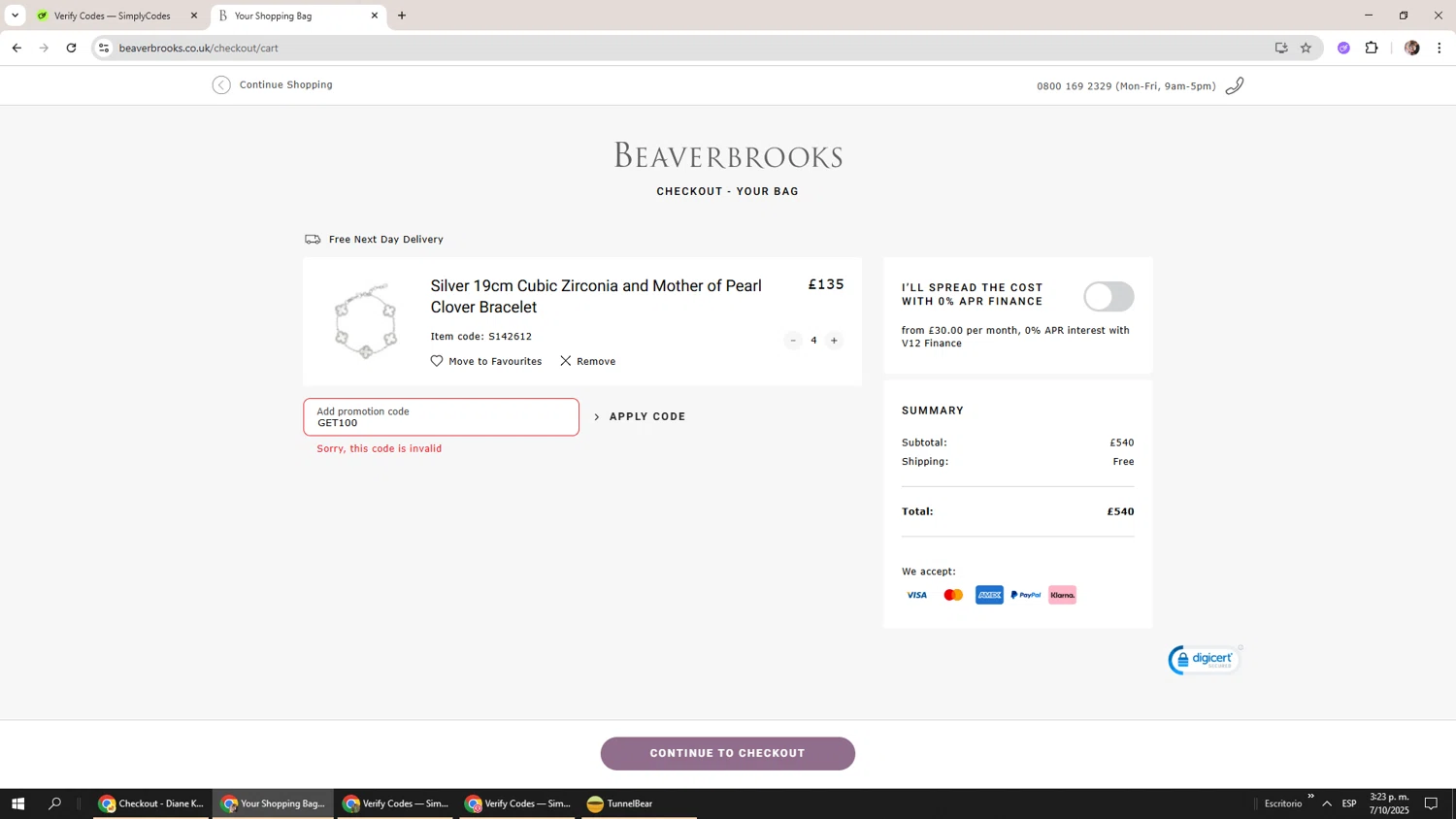 Beaverbrooks promo code screenshot showing code GET100 applied at Beaverbrooks checkout page. Uploaded by SimplyCodes community member Levi_Ackerman on Oct 7, 2025