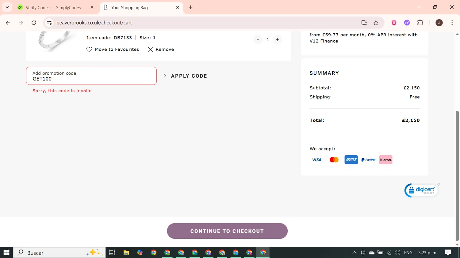 Beaverbrooks promo code screenshot showing code GET100 applied at Beaverbrooks checkout page. Uploaded by SimplyCodes community member PrimeGenius2371 on Oct 7, 2025