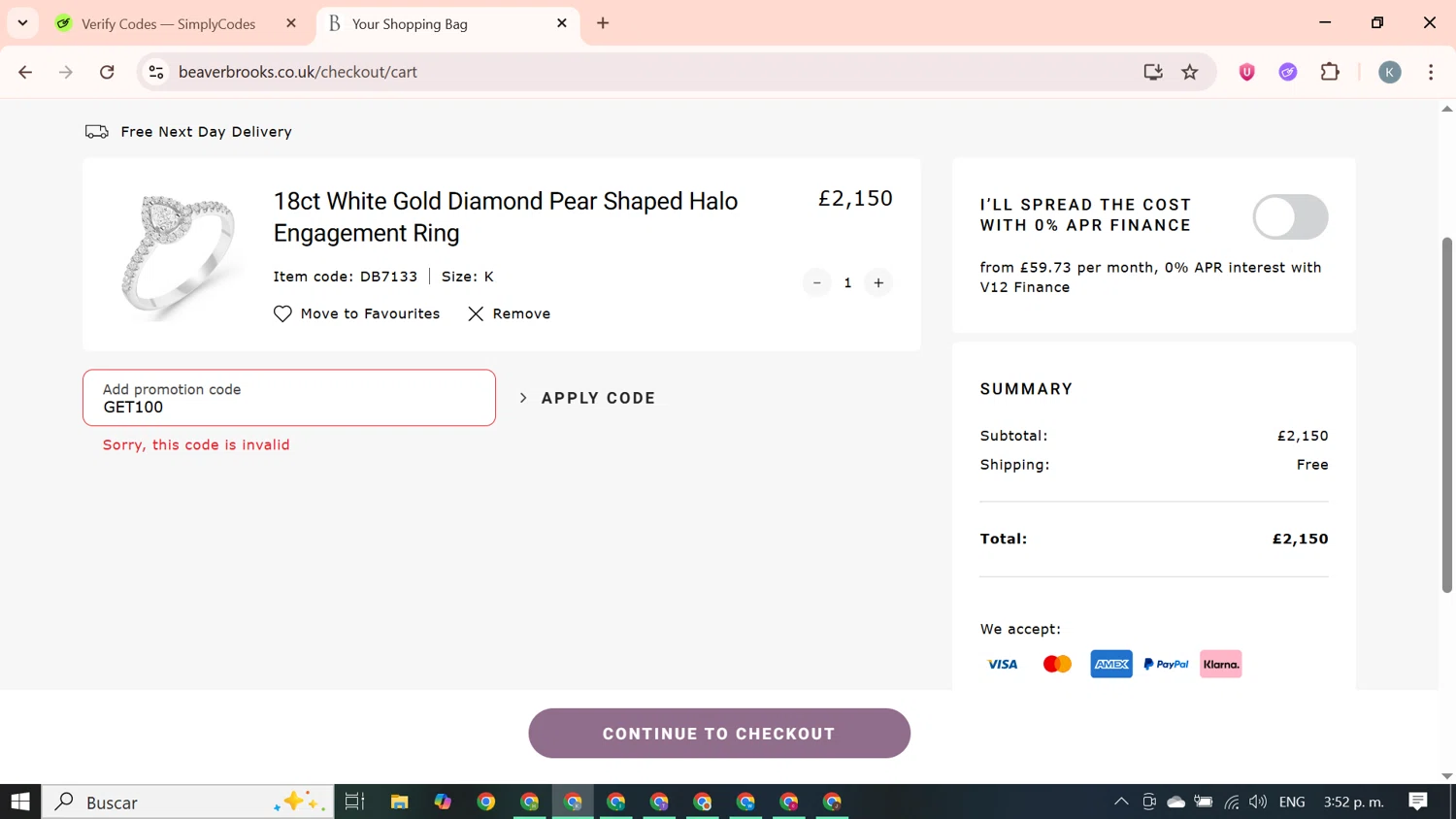 Beaverbrooks promo code screenshot showing code GET100 applied at Beaverbrooks checkout page. Uploaded by SimplyCodes community member SavingsBoss9912 on Oct 7, 2025