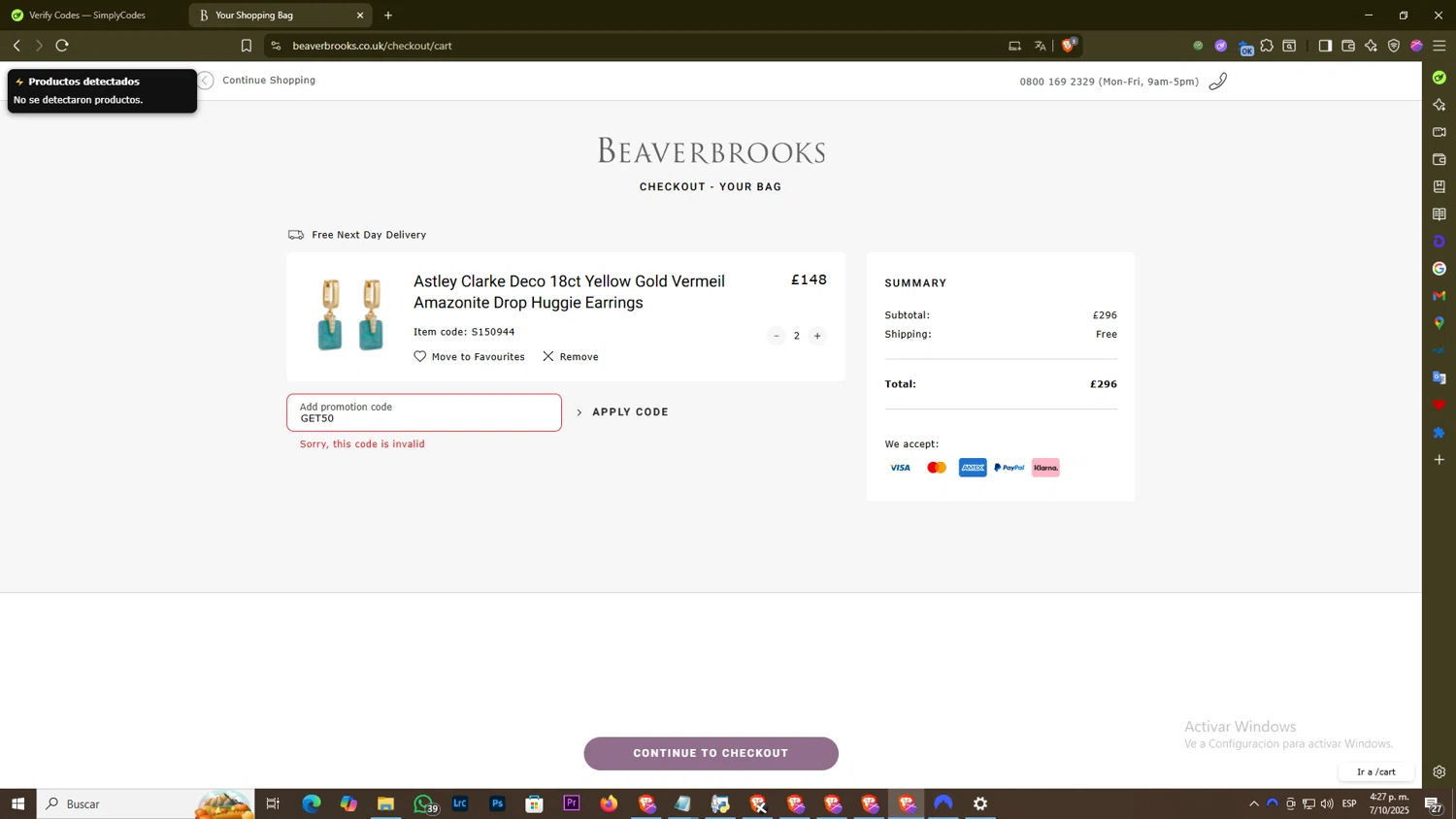 Beaverbrooks promo code screenshot showing code GET50 applied at Beaverbrooks checkout page. Uploaded by SimplyCodes community member DiscountExpert556 on Oct 7, 2025