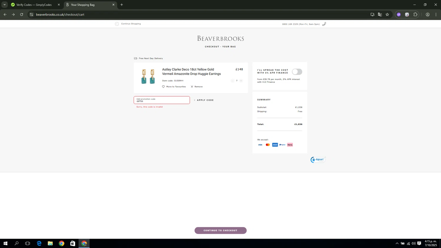 Beaverbrooks promo code screenshot showing code GET50 applied at Beaverbrooks checkout page. Uploaded by SimplyCodes community member miguel02 on Oct 7, 2025