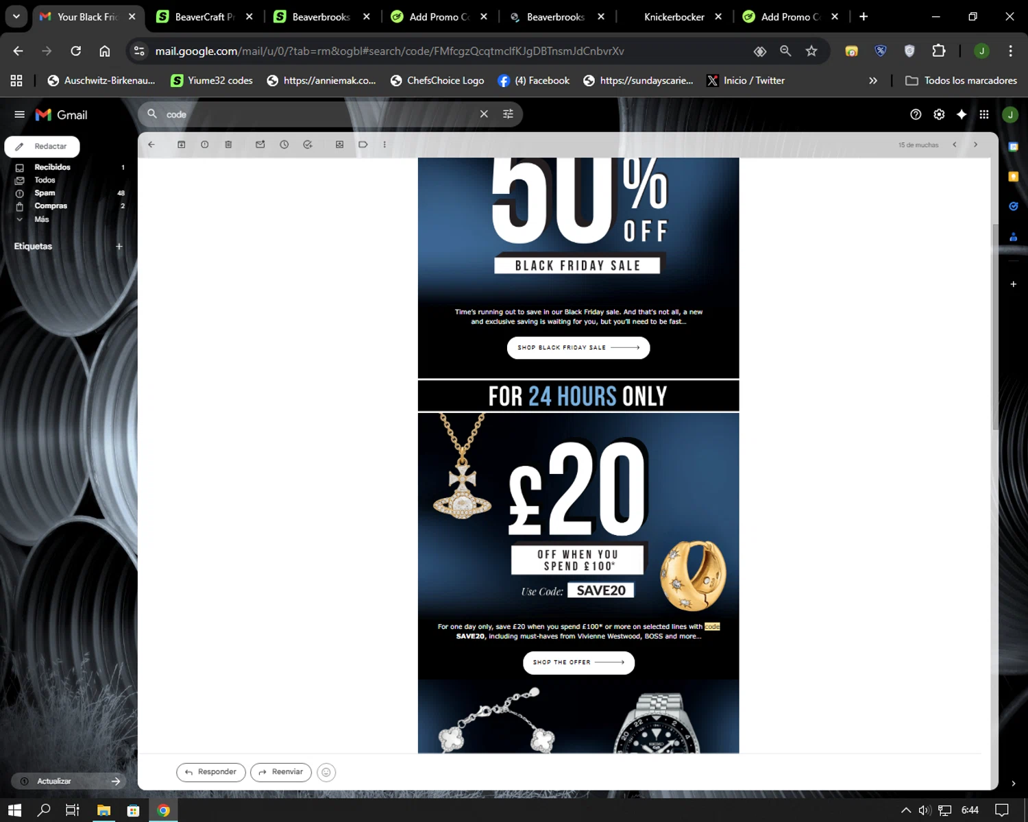 Beaverbrooks promo code screenshot showing code SAVE20 applied at Beaverbrooks checkout page. Uploaded by SimplyCodes community member Codehunter on Nov 27, 2025