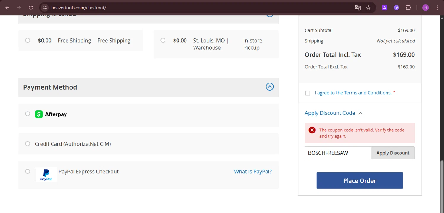 Beaver Tools discount code screenshot showing code BOSCHFREESAW applied at Beaver Tools checkout page. Uploaded by SimplyCodes community member PennyTiger4891 on Aug 3, 2025