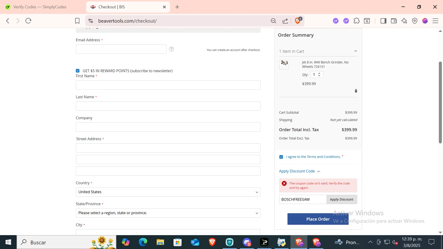 Beaver Tools discount code screenshot showing code BOSCHFREESAW applied at Beaver Tools checkout page. Uploaded by SimplyCodes community member CODMOBILE1 on Aug 3, 2025