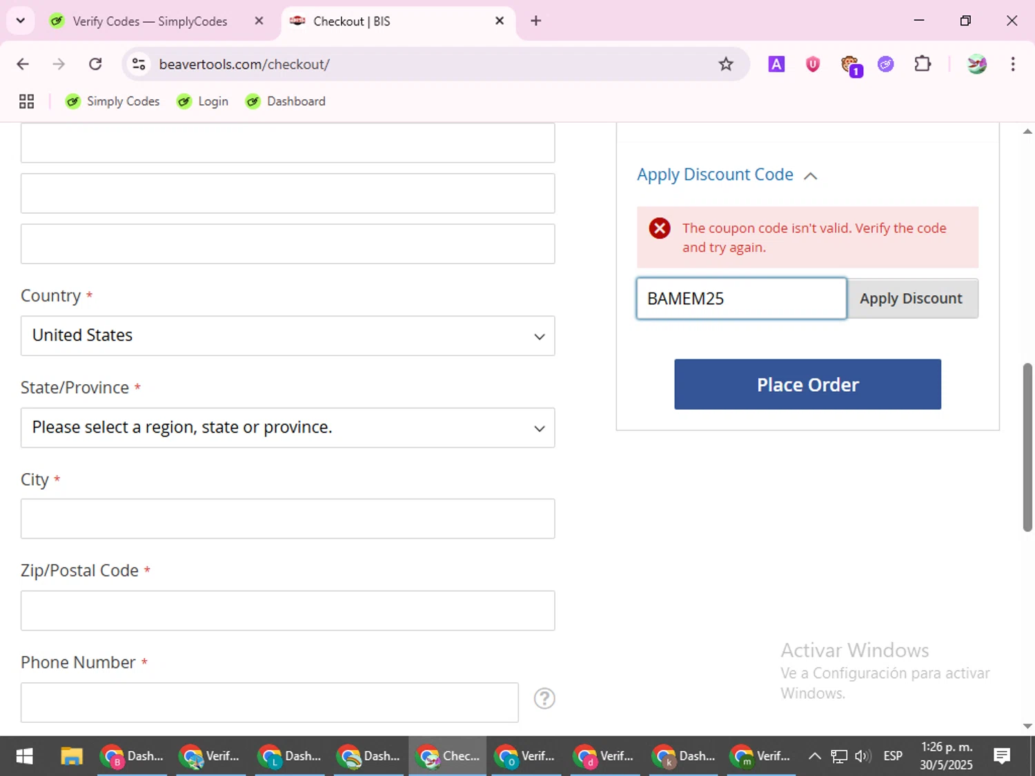 Beaver Tools discount code screenshot showing code BAMEM25 applied at Beaver Tools checkout page. Uploaded by SimplyCodes community member SilverExpert5694 on May 30, 2025