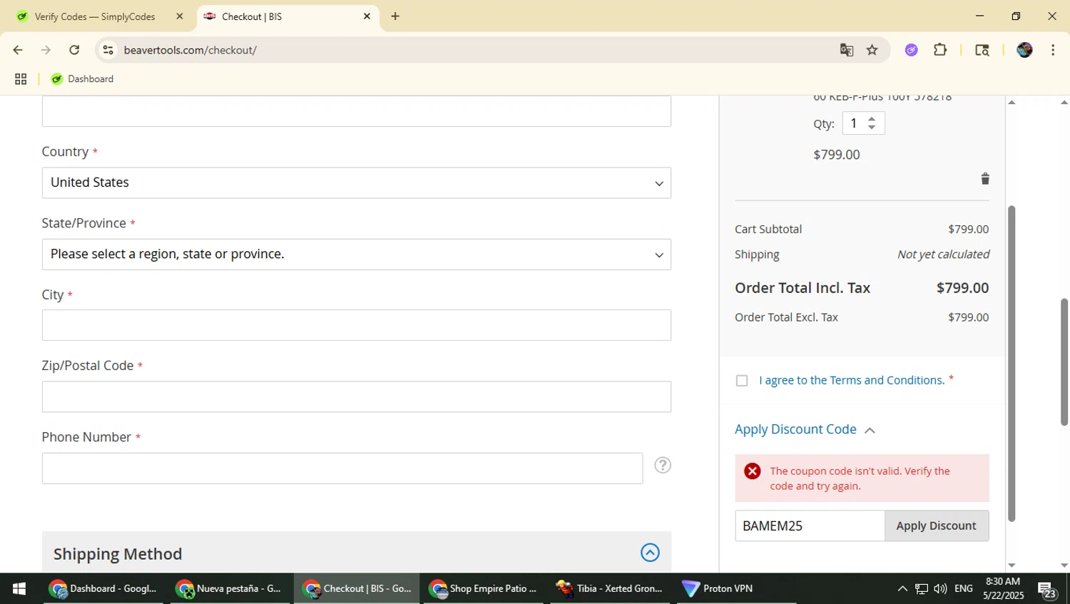 Beaver Tools discount code screenshot showing code BAMEM25 applied at Beaver Tools checkout page. Uploaded by SimplyCodes community member Typhlosion on May 22, 2025