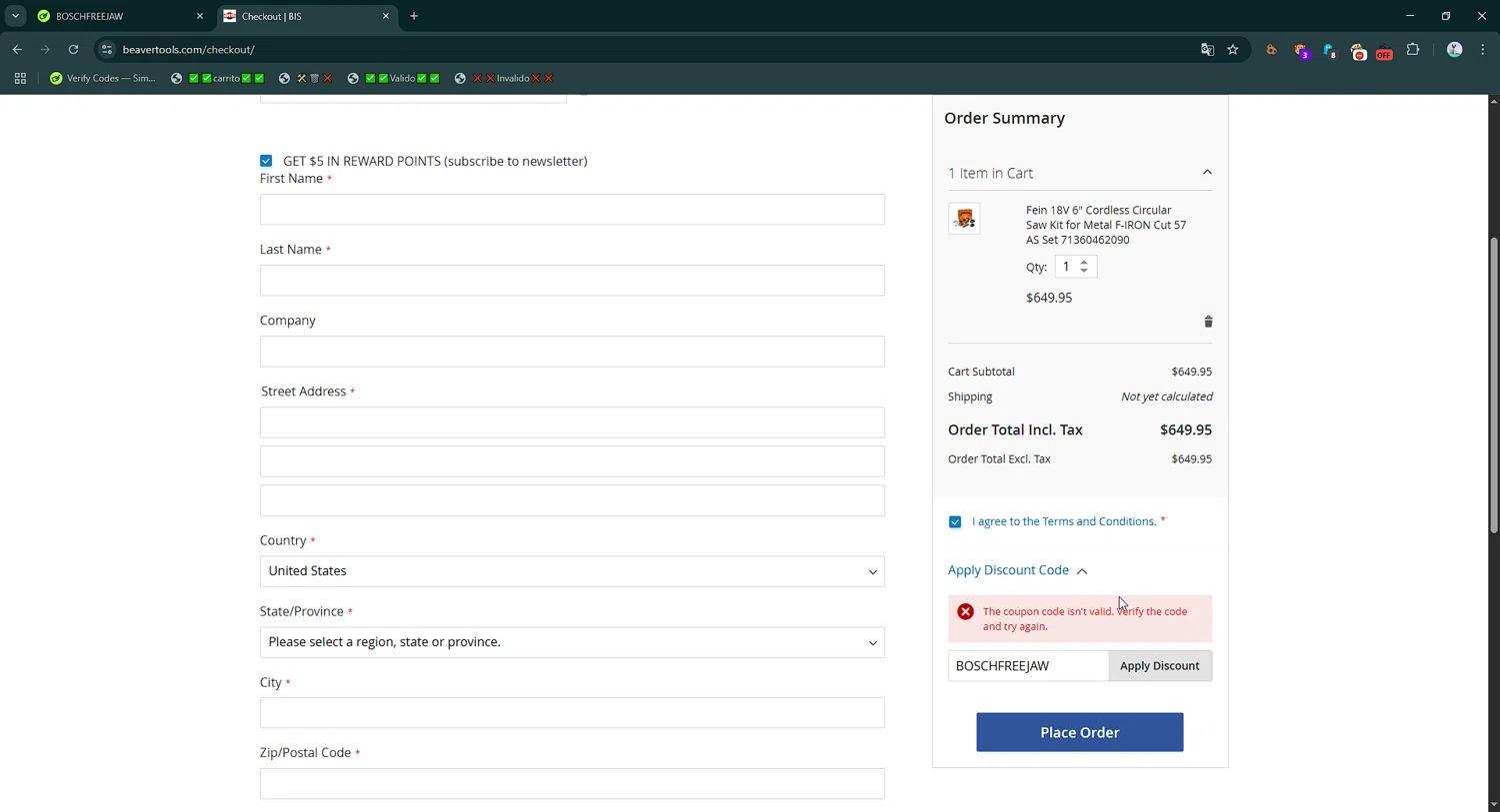 Beaver Tools discount code screenshot showing code BOSCHFREEJAW applied at Beaver Tools checkout page. Uploaded by SimplyCodes community member CrownGuardian9882 on May 28, 2025