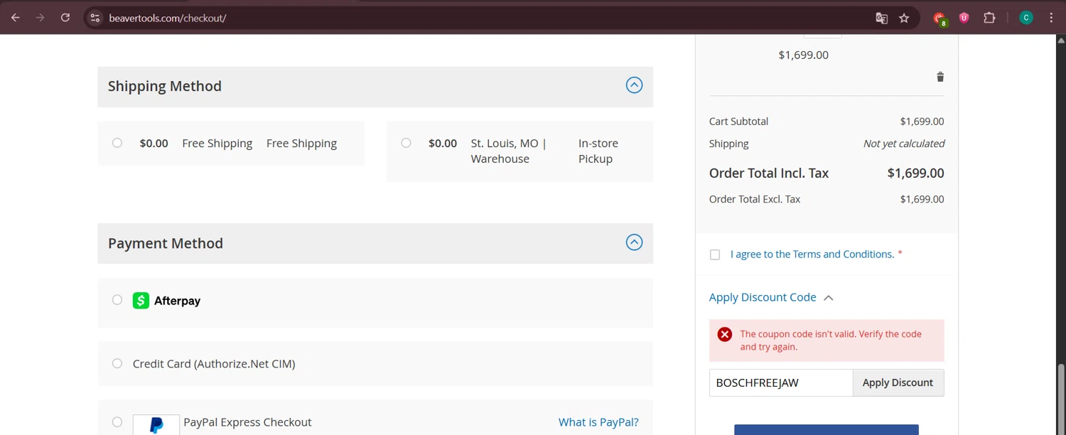 Beaver Tools discount code screenshot showing code BOSCHFREEJAW applied at Beaver Tools checkout page. Uploaded by SimplyCodes community member Negritoo on May 28, 2025