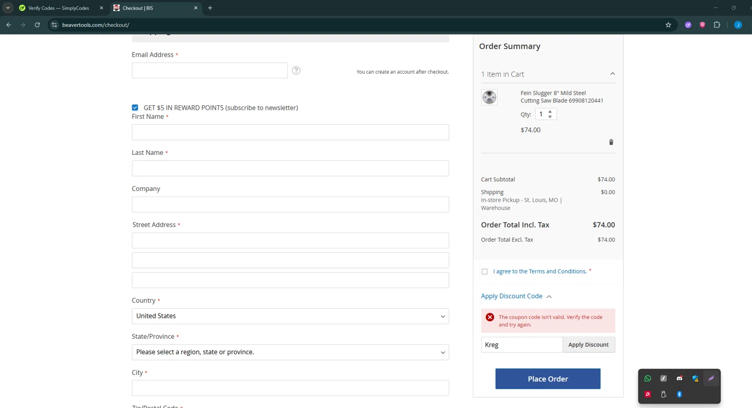 Beaver Tools discount code screenshot showing code Kreg applied at Beaver Tools checkout page. Uploaded by SimplyCodes community member BargainGuardian280 on Dec 16, 2025