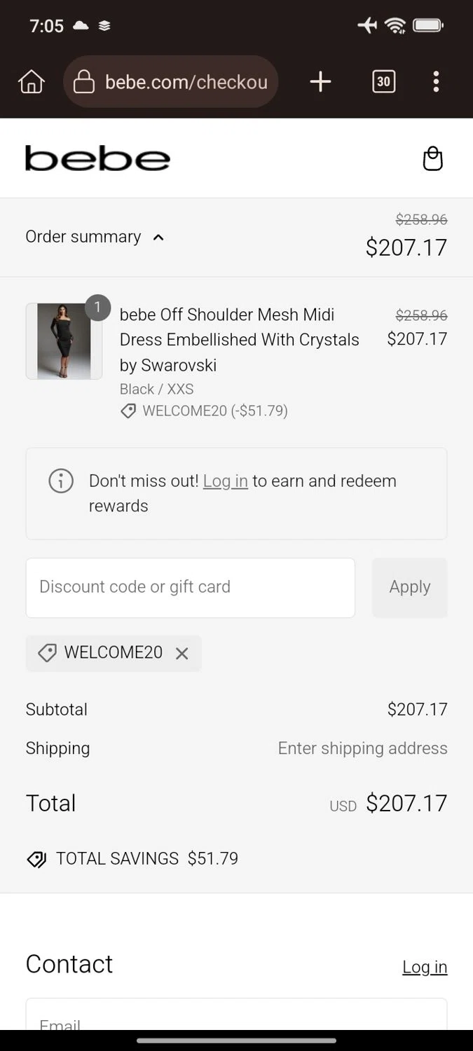 Bebe promo code screenshot showing code WELCOME20 applied at Bebe checkout page. Uploaded by SimplyCodes community member Juan_collug on Jan 1, 2025