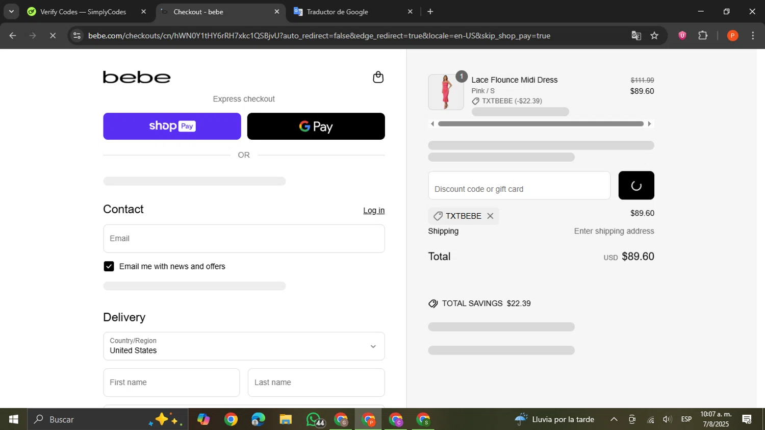 Bebe promo code screenshot showing code txtbebe applied at Bebe checkout page. Uploaded by SimplyCodes community member VictoriousCaptain2658 on Aug 7, 2025