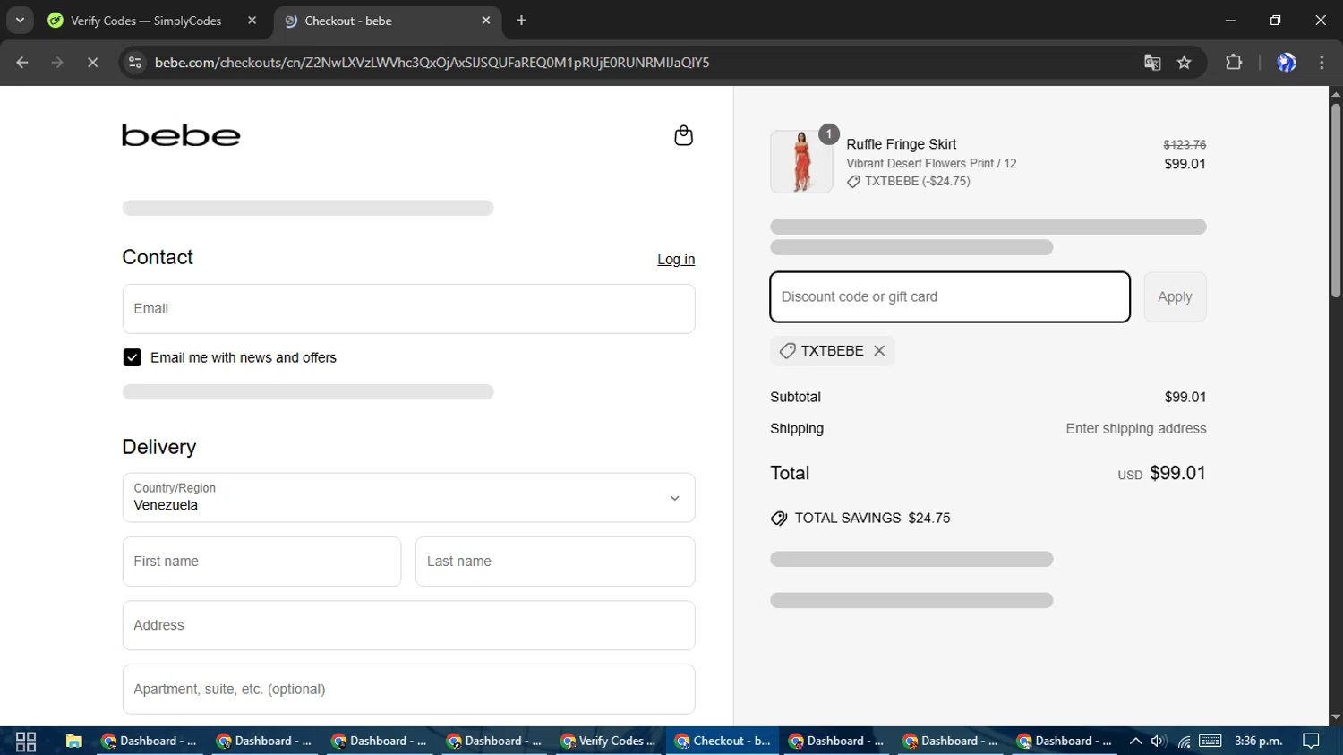 Bebe promo code screenshot showing code txtbebe applied at Bebe checkout page. Uploaded by SimplyCodes community member WiseHunter8213 on Apr 13, 2025