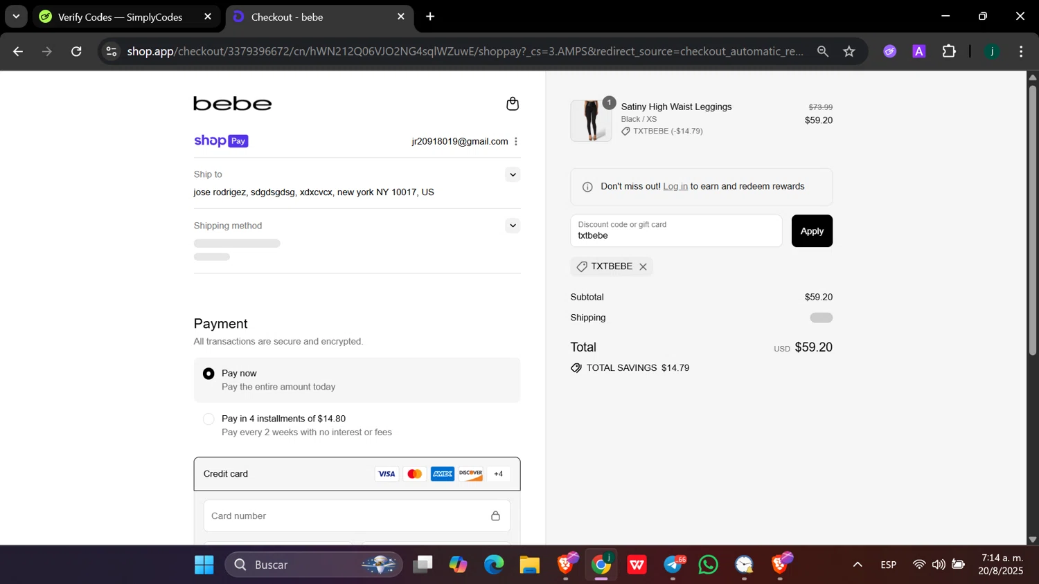 Bebe promo code screenshot showing code txtbebe applied at Bebe checkout page. Uploaded by SimplyCodes community member hanzell03 on Aug 20, 2025