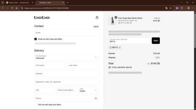 Bebe checkout page showing Bebe promo code box | Screenshot taken by SimplyCodes community member on Aug 29, 2025