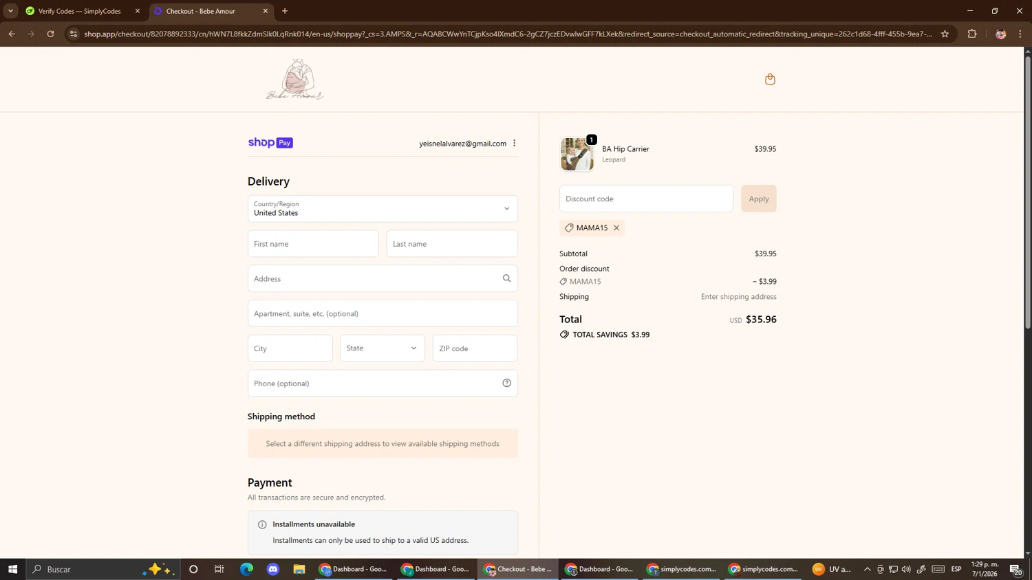 Bebe Amour checkout page showing Bebe Amour discount code box | Screenshot taken by SimplyCodes community member on Jan 7, 2026