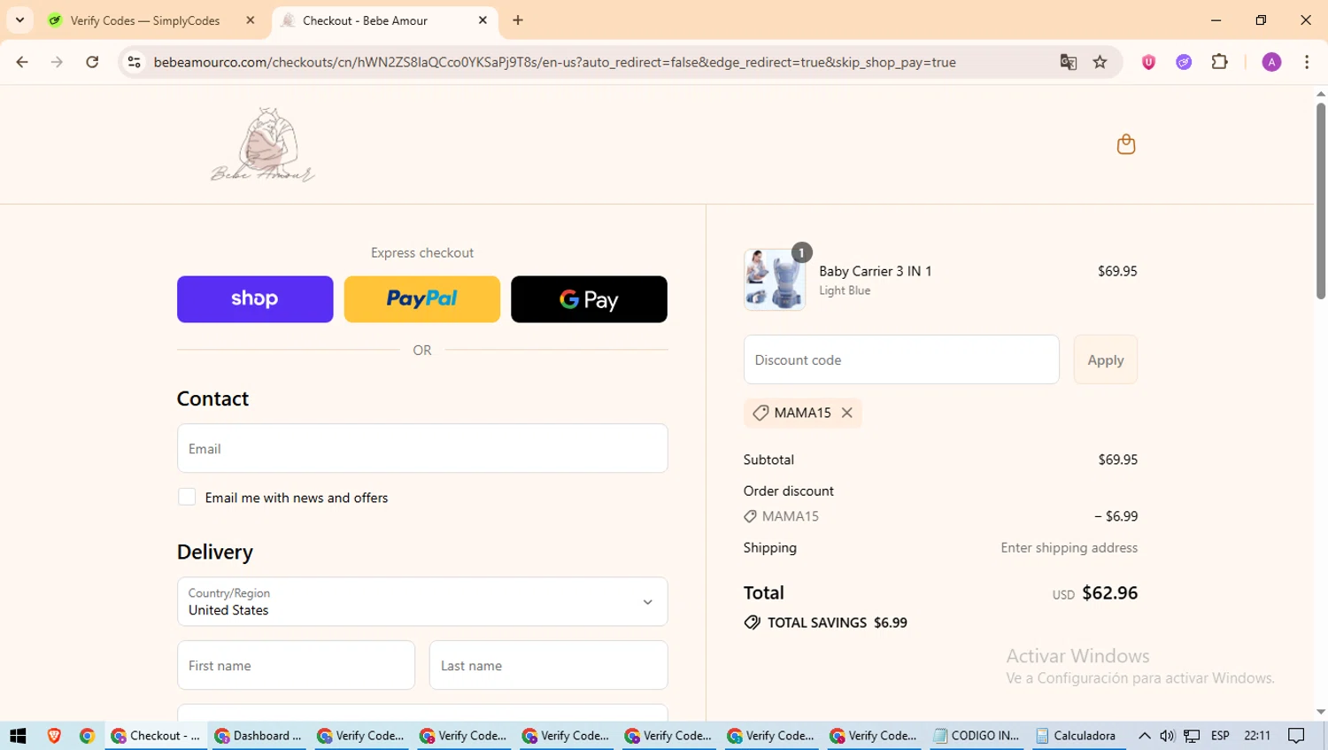 Bebe Amour discount code screenshot showing code MAMA15 applied at Bebe Amour checkout page. Uploaded by SimplyCodes community member ScanExpert2824 on Sep 4, 2025