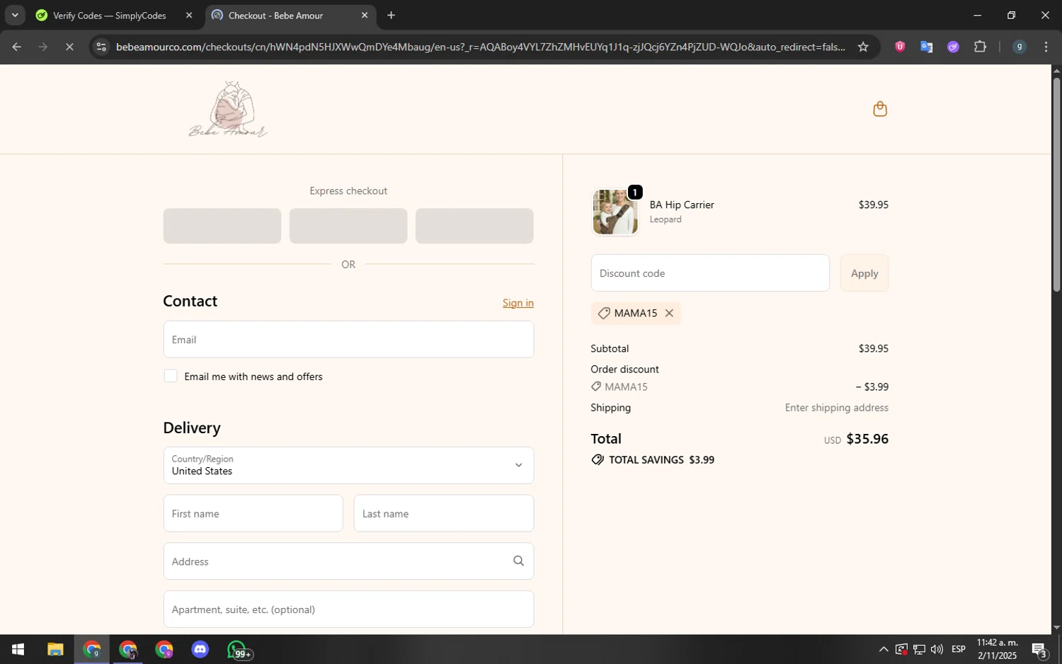 Bebe Amour discount code screenshot showing code MAMA15 applied at Bebe Amour checkout page. Uploaded by SimplyCodes community member youngchecker2 on Nov 2, 2025
