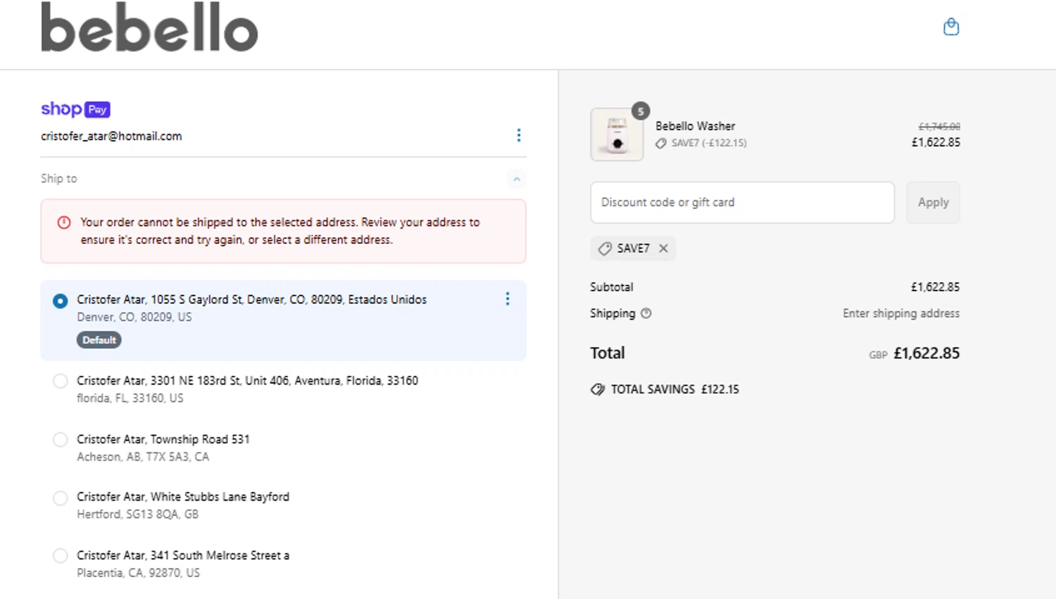 Bebello promo code screenshot showing code SAVE7 applied at Bebello checkout page. Uploaded by SimplyCodes community member David_Gut_Sonic on Jun 16, 2025