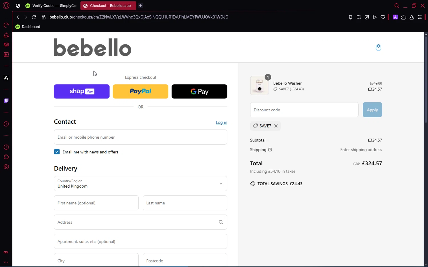Bebello promo code screenshot showing code SAVE7 applied at Bebello checkout page. Uploaded by SimplyCodes community member jakeperro on Apr 25, 2025