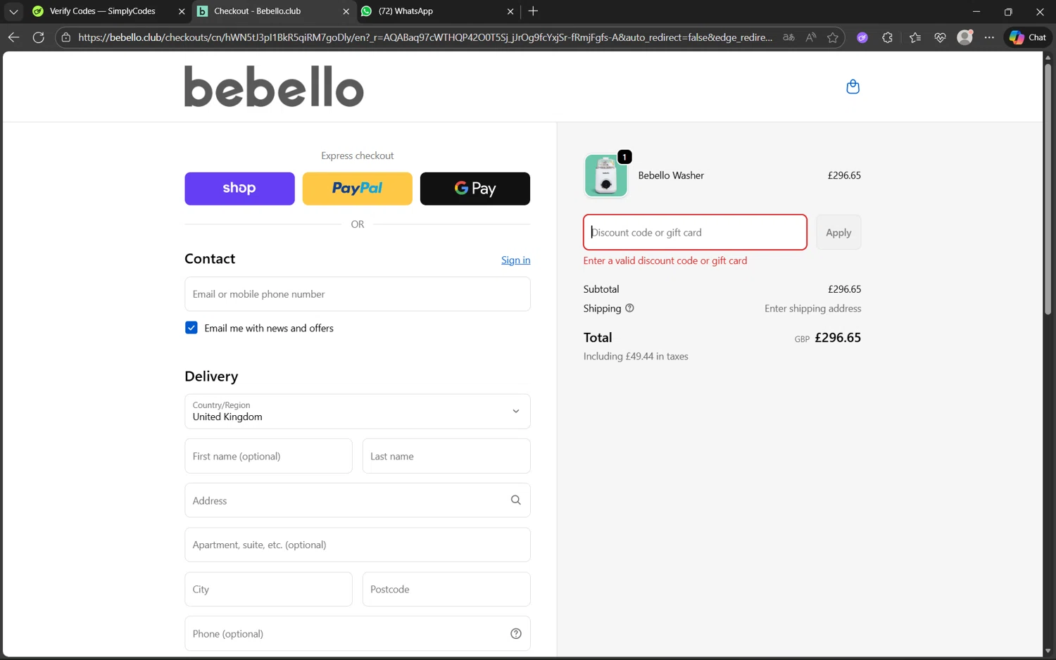 Bebello promo code screenshot showing code FOUNDER10 applied at Bebello checkout page. Uploaded by SimplyCodes community member juanx1702 on Nov 30, 2025