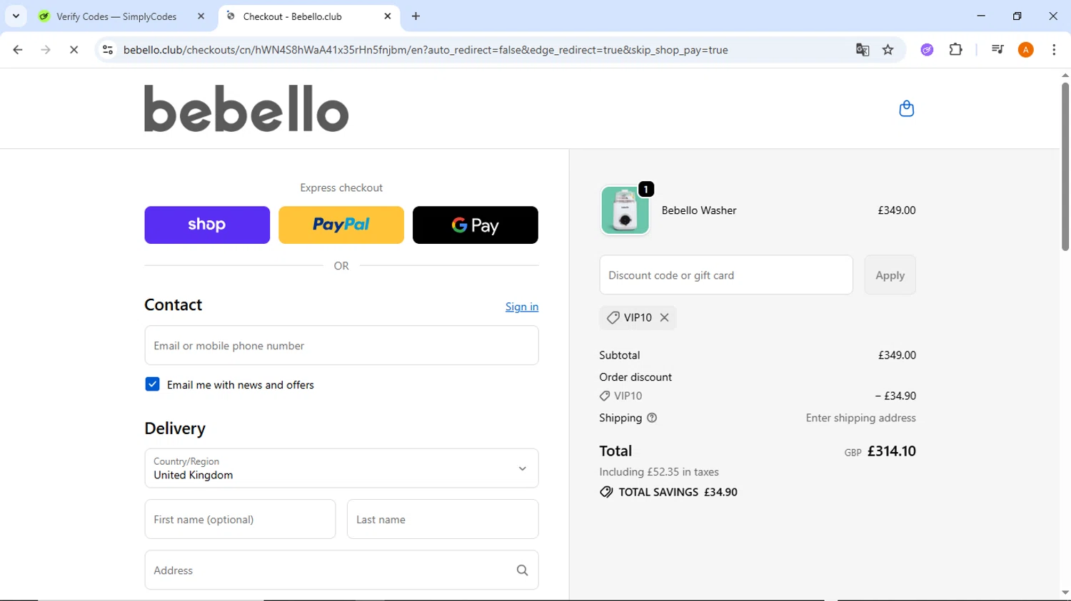 Bebello promo code screenshot showing code VIP10 applied at Bebello checkout page. Uploaded by SimplyCodes community member ThriftyMaverick437 on Oct 23, 2025