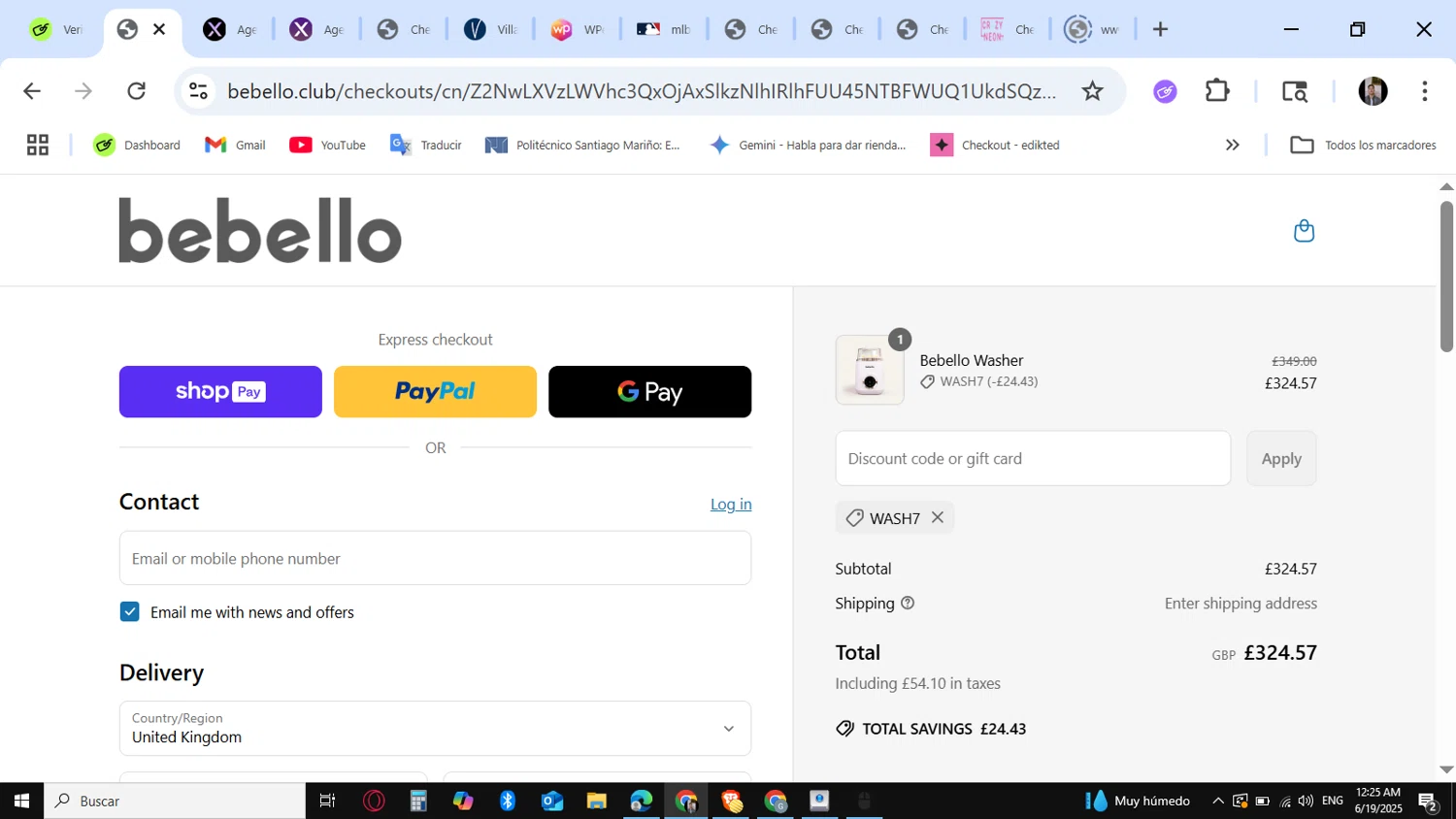 Bebello promo code screenshot showing code WASH7 applied at Bebello checkout page. Uploaded by SimplyCodes community member KataldoMustafack on Jun 19, 2025