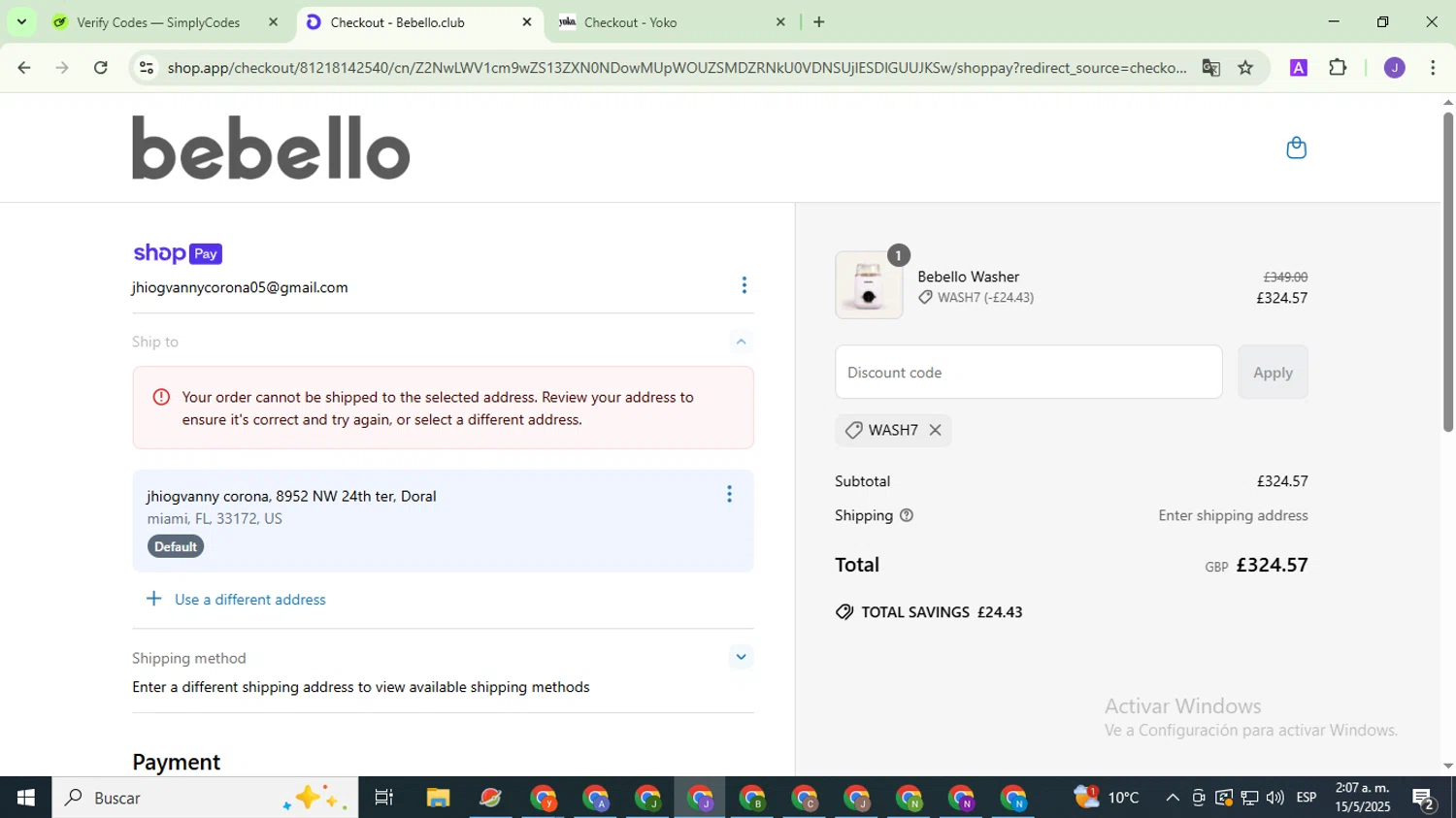 Bebello promo code screenshot showing code WASH7 applied at Bebello checkout page. Uploaded by SimplyCodes community member PromoHunter9043 on May 15, 2025
