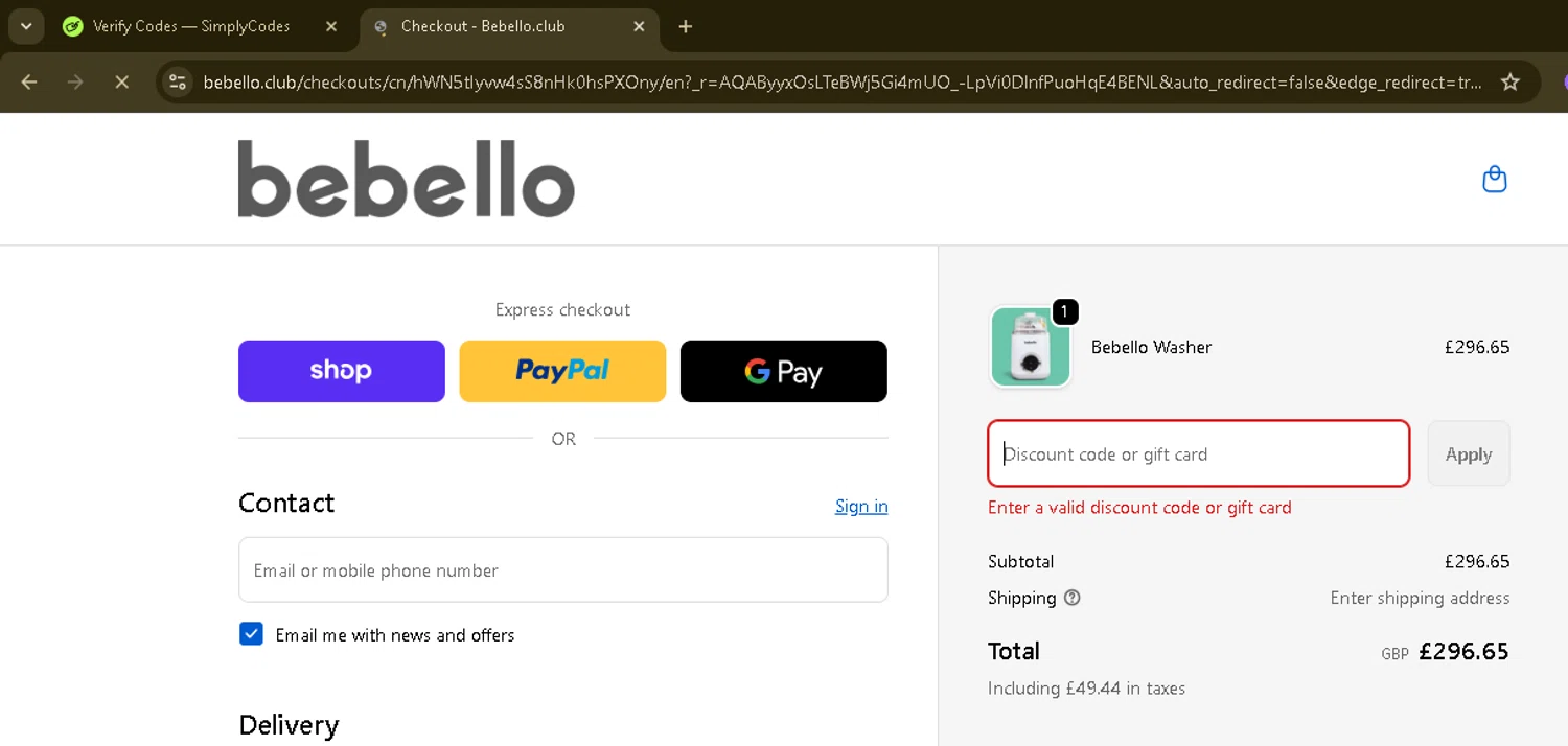 Bebello promo code screenshot showing code WASH10 applied at Bebello checkout page. Uploaded by SimplyCodes community member ManTheWeed on Nov 30, 2025