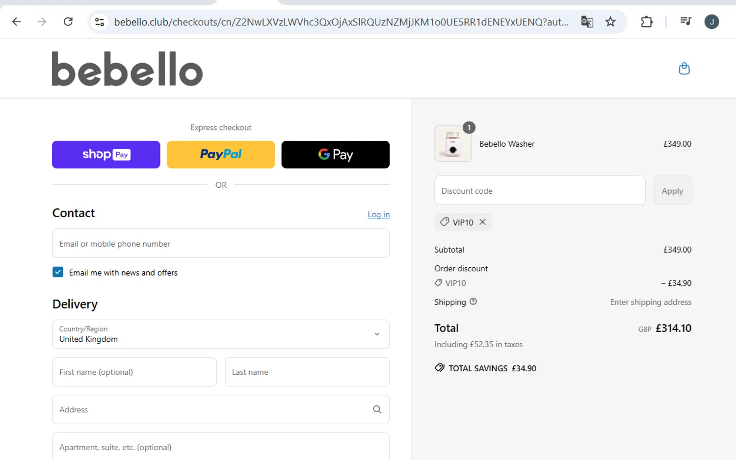 Bebello promo code screenshot showing code VIP10 applied at Bebello checkout page. Uploaded by SimplyCodes community member BB9542251456527 on May 8, 2025