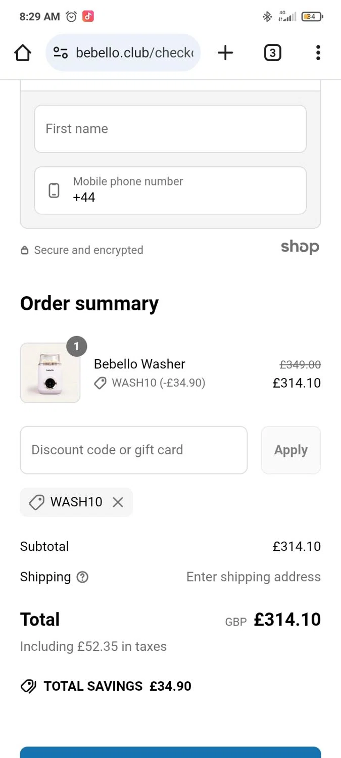 Bebello promo code screenshot showing code WASH10 applied at Bebello checkout page. Uploaded by SimplyCodes community member JEMITOIG on May 19, 2025