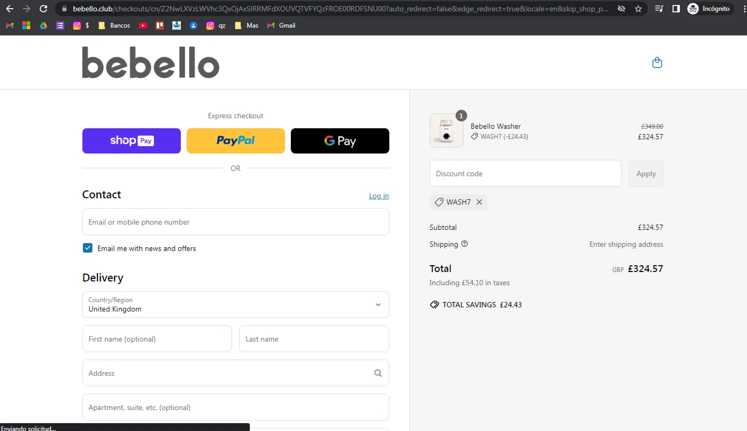 Bebello promo code screenshot showing code WASH7 applied at Bebello checkout page. Uploaded by SimplyCodes community member JEMITOIG on May 8, 2025