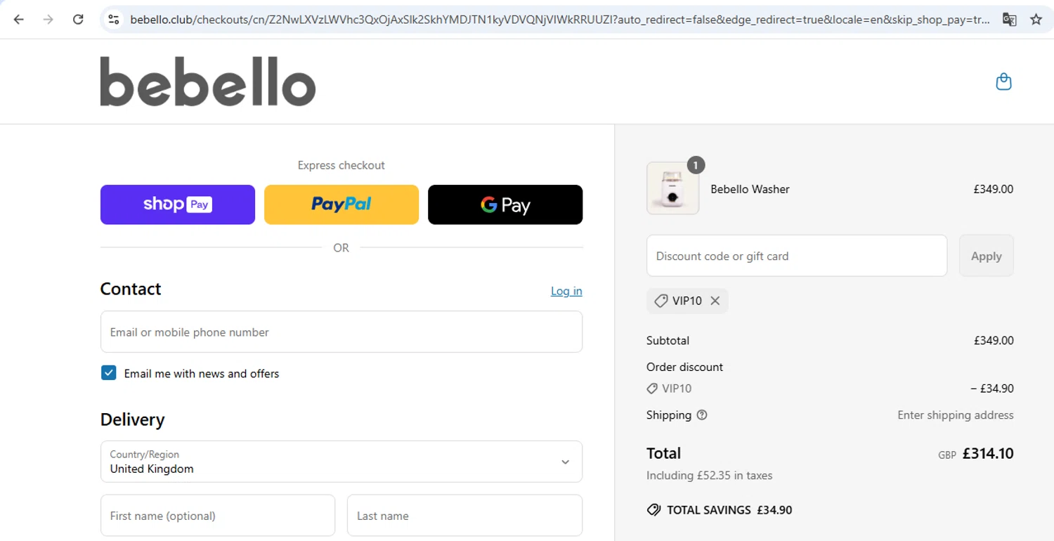 Bebello promo code screenshot showing code vip10 applied at Bebello checkout page. Uploaded by SimplyCodes community member carol_lameda on Jun 20, 2025