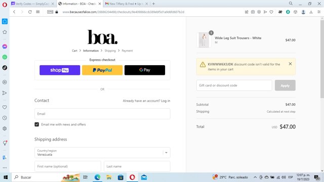 Because Of Alice checkout page showing Because Of Alice discount code box | Screenshot taken by SimplyCodes community member on Jul 19, 2023