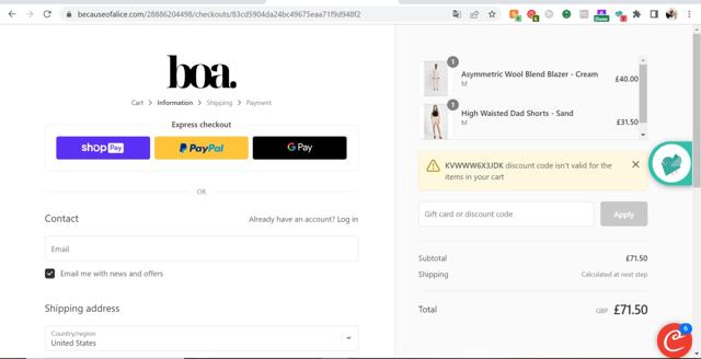 Because Of Alice checkout page showing Because Of Alice discount code box | Screenshot taken by SimplyCodes community member on Jul 13, 2023