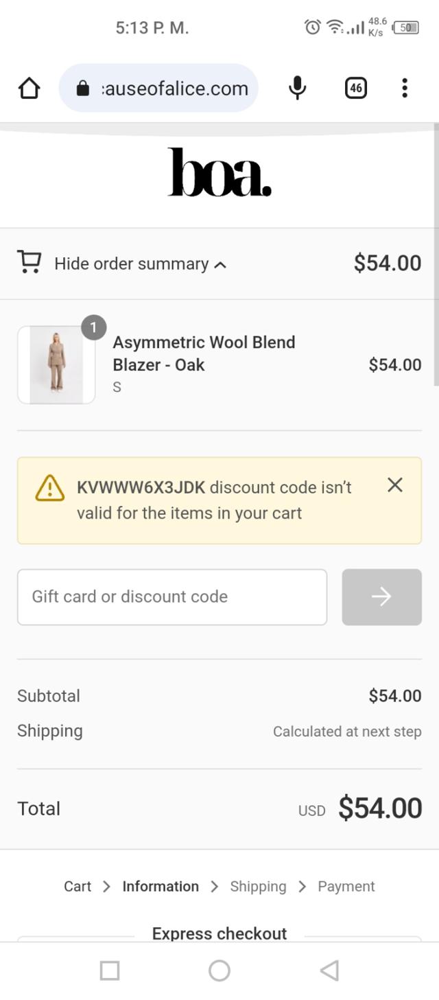 Because Of Alice checkout page showing Because Of Alice discount code box | Screenshot taken by SimplyCodes community member on Jul 14, 2023