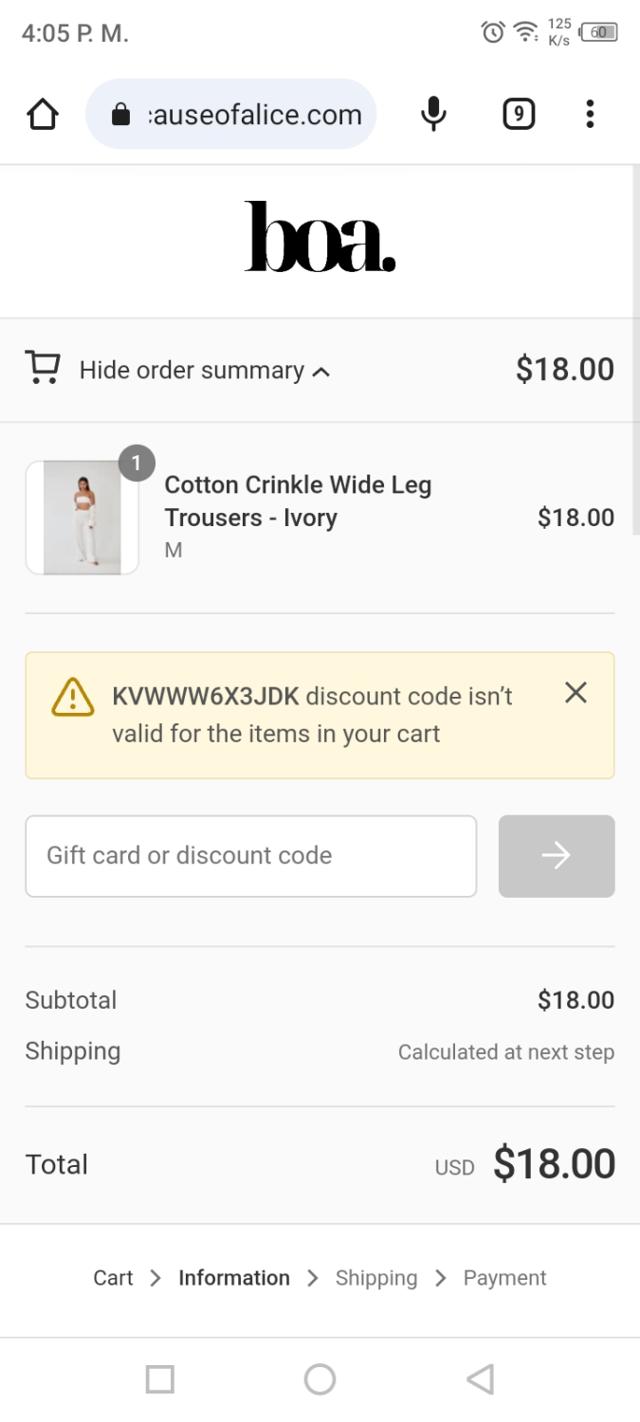 Because Of Alice checkout page showing Because Of Alice discount code box | Screenshot taken by SimplyCodes community member on Jul 22, 2023