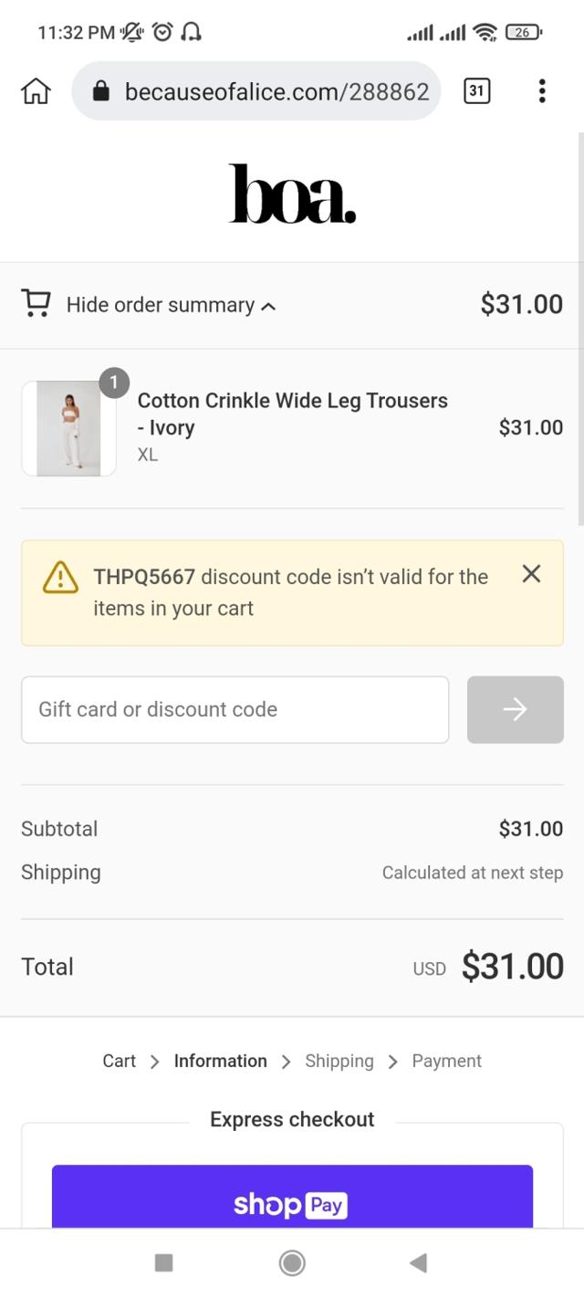 Because Of Alice checkout page showing Because Of Alice discount code box | Screenshot taken by SimplyCodes community member on Jul 13, 2023
