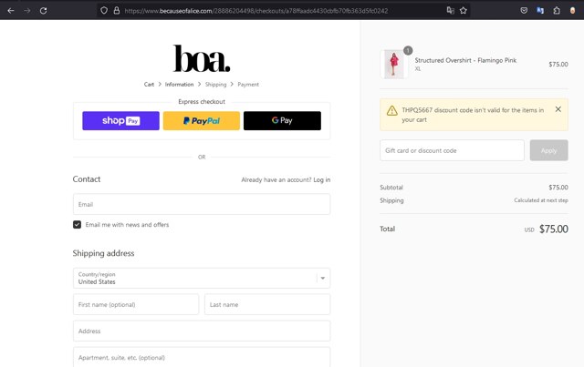 Because Of Alice checkout page showing Because Of Alice discount code box | Screenshot taken by SimplyCodes community member on Jul 31, 2023