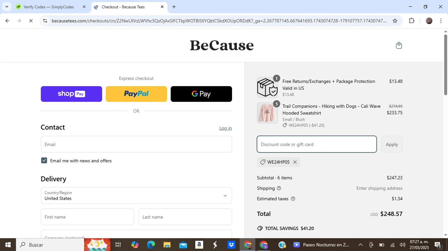 Because Tees discount code screenshot showing code WE24HP05 applied at Because Tees checkout page. Uploaded by SimplyCodes community member BonusEagle6359 on Mar 27, 2025