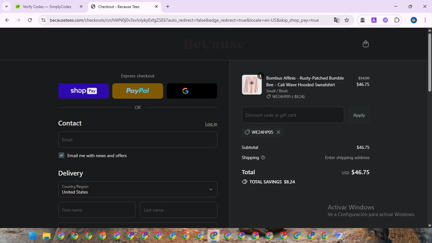 Because Tees discount code screenshot showing code WE24HP05 applied at Because Tees checkout page. Uploaded by SimplyCodes community member SwiftWarden6832 on Jul 17, 2025