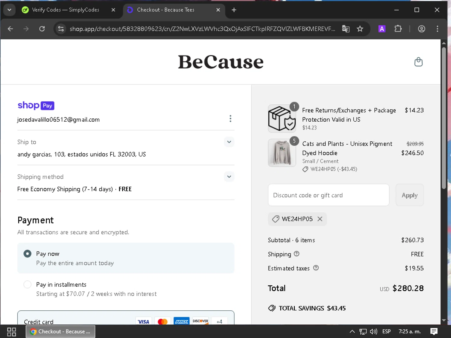 Because Tees discount code screenshot showing code WE24HP05 applied at Because Tees checkout page. Uploaded by SimplyCodes community member CleverAce1233 on Mar 27, 2025