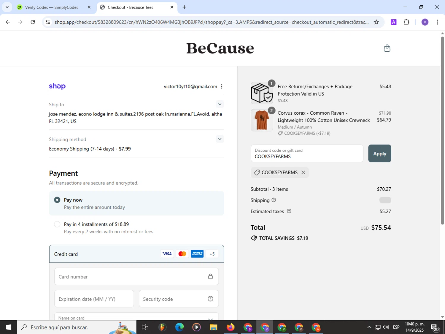 Because Tees discount code screenshot showing code COOKSEYFARMS applied at Because Tees checkout page. Uploaded by SimplyCodes community member Satoru_gojo on Sep 15, 2025