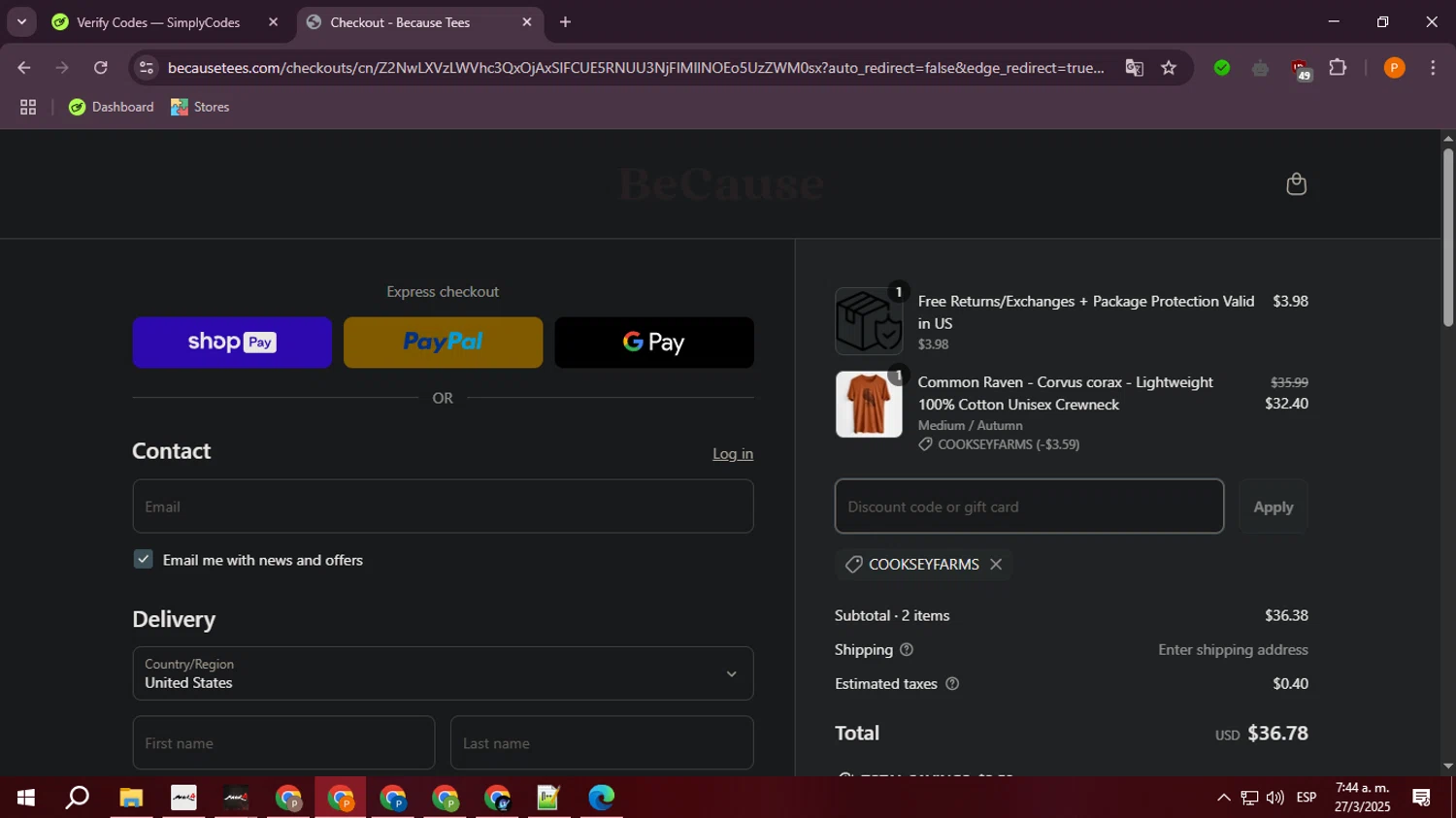 Because Tees discount code screenshot showing code COOKSEYFARMS applied at Because Tees checkout page. Uploaded by SimplyCodes community member ValiantLegend7294 on Mar 27, 2025