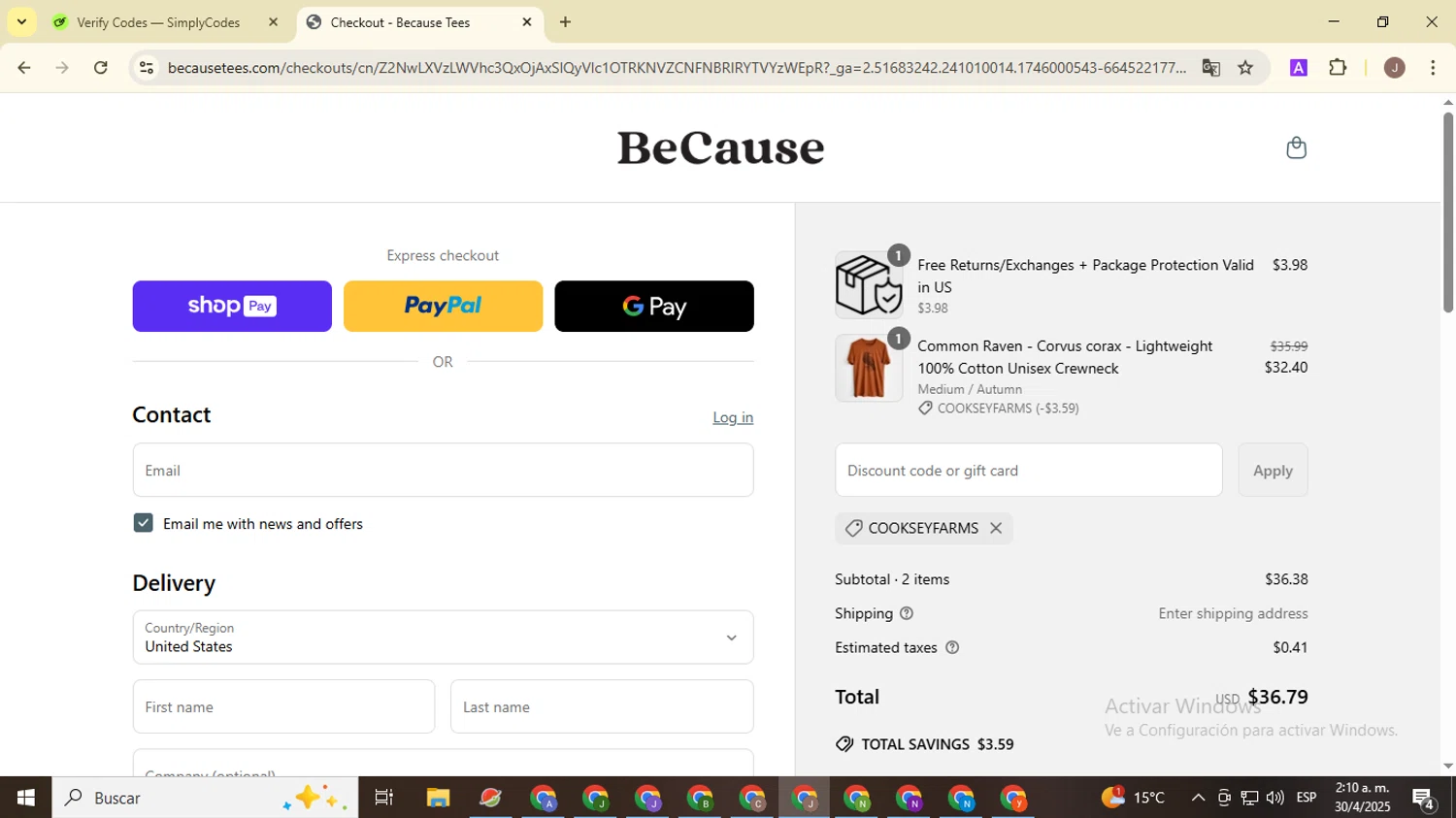 Because Tees discount code screenshot showing code COOKSEYFARMS applied at Because Tees checkout page. Uploaded by SimplyCodes community member ValiantHero2365 on Apr 30, 2025