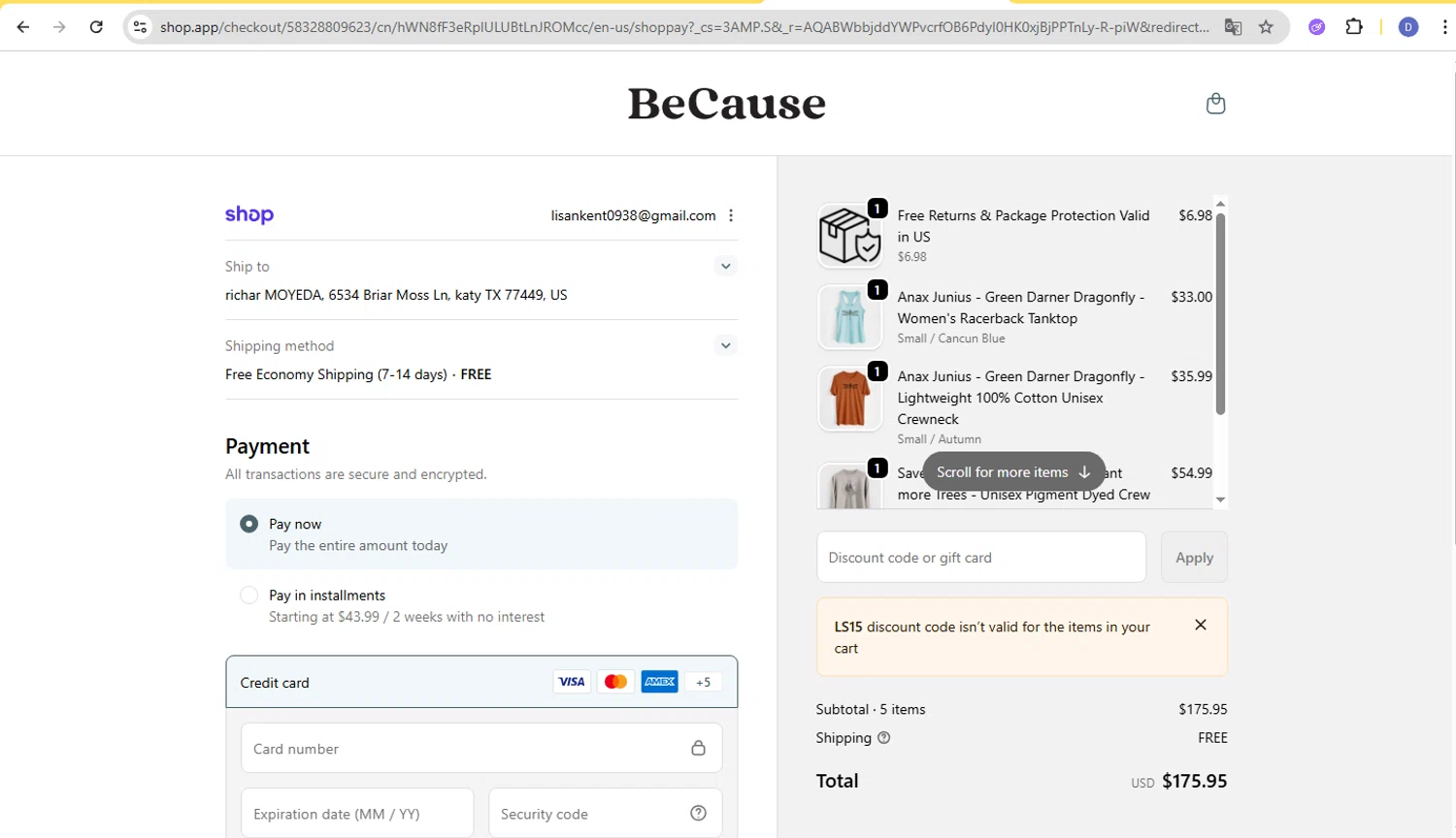 Because Tees checkout page showing Because Tees discount code box | Screenshot taken by SimplyCodes community member on Feb 11, 2026
