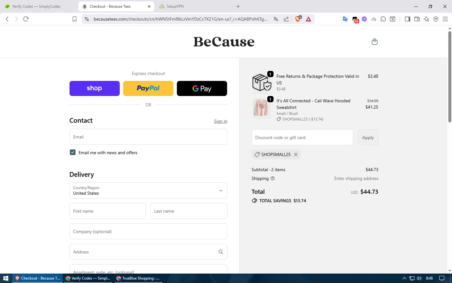 Because Tees discount code screenshot showing code SHOPSMALL25 applied at Because Tees checkout page. Uploaded by SimplyCodes community member usuario500 on Nov 30, 2025