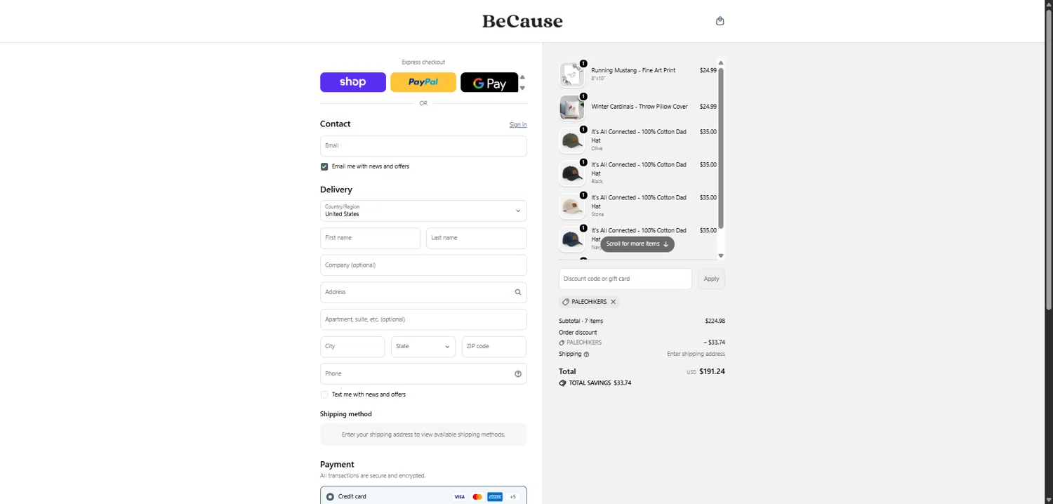 Because Tees checkout page showing Because Tees discount code box | Screenshot taken by SimplyCodes community member on Feb 11, 2026