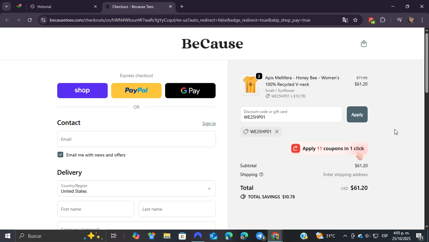 Because Tees discount code screenshot showing code WE25HP01 applied at Because Tees checkout page. Uploaded by SimplyCodes community member ShieldEagle9436 on Oct 25, 2025