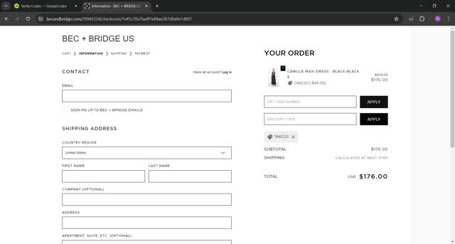Bec & Bridge checkout page showing Bec & Bridge promo code box | Screenshot taken by SimplyCodes community member on May 29, 2024